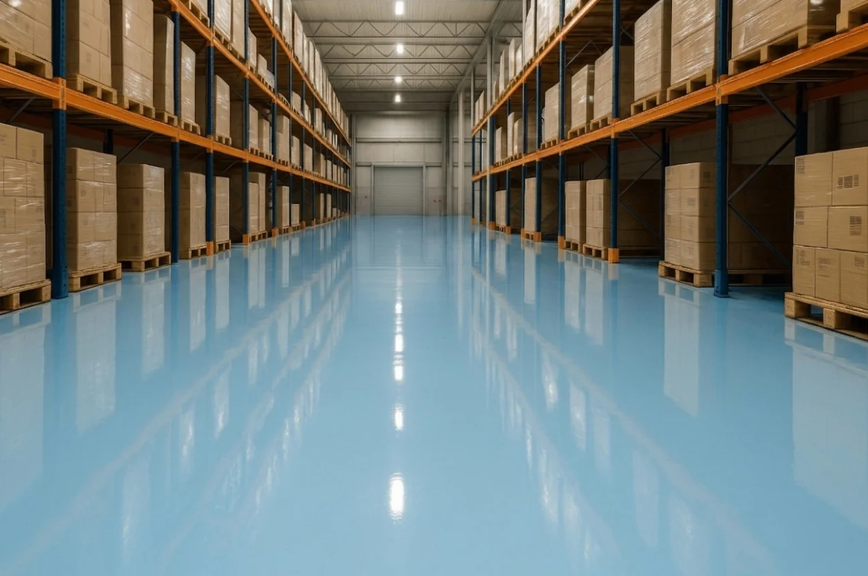 Glossy blue concrete floor in a warehouse aisle