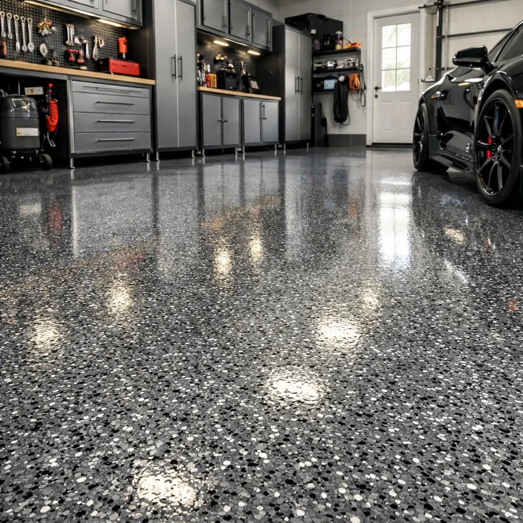 Dark decorative flake floor in a garage