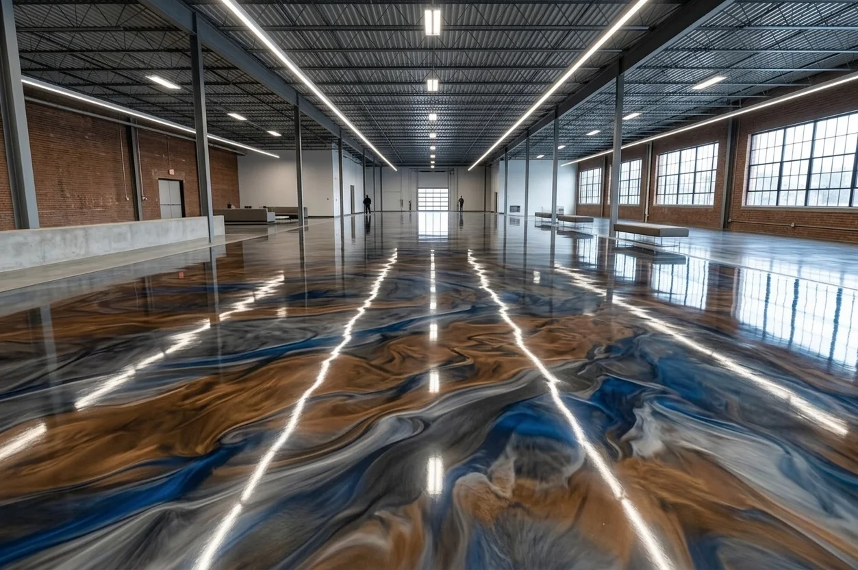 Black, silver, and bronze marbled metallic floor in a large interior