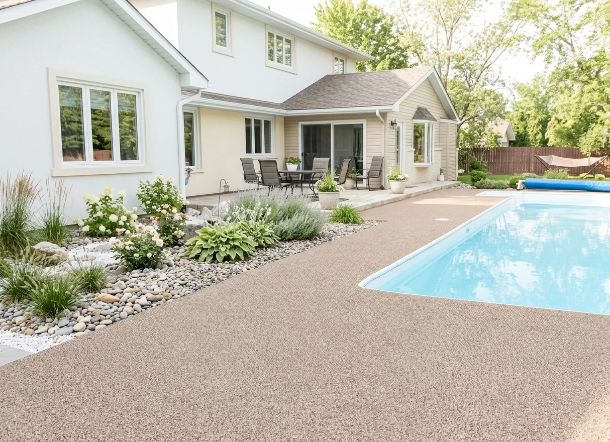 Warm-toned quartz finish around a pool