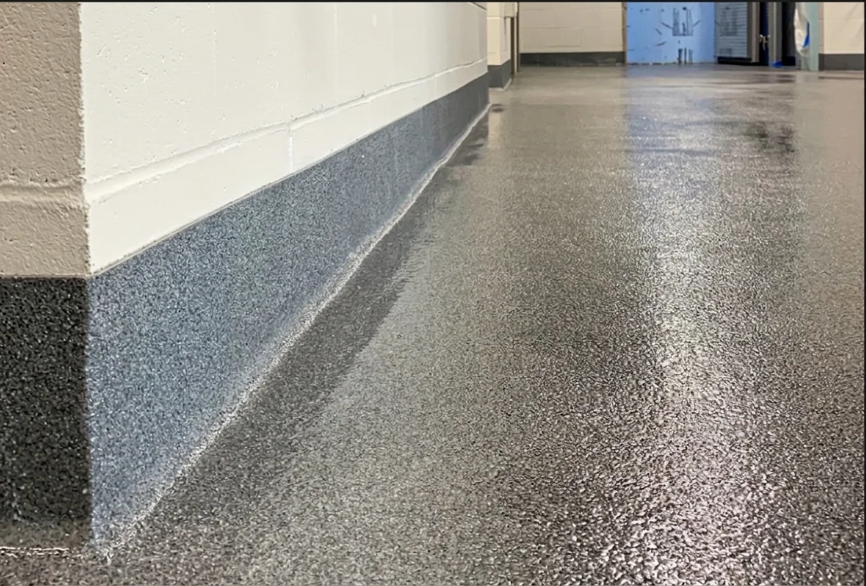 Gray quartz floor along an exterior walkway