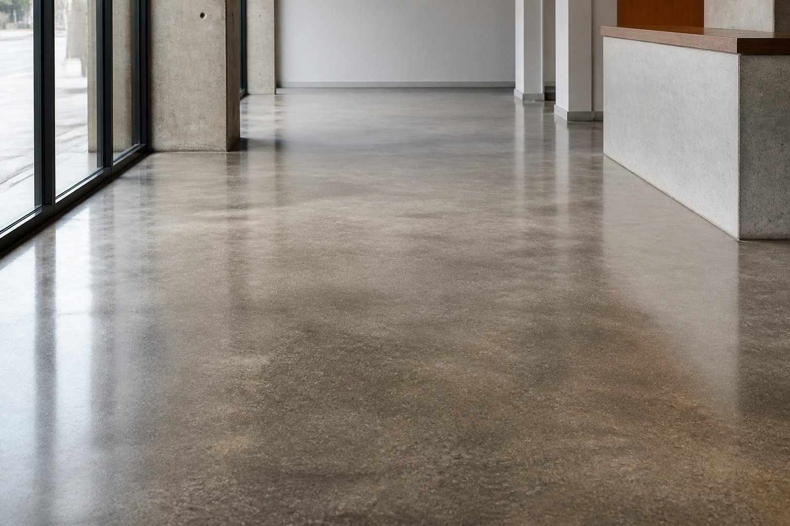 Polished and subtly stained concrete floor in a modern interior