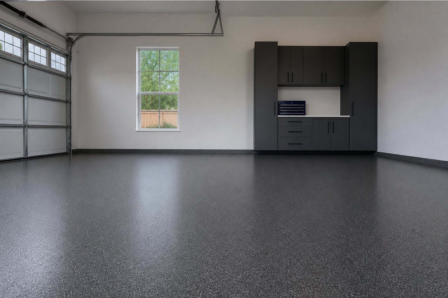 Seamless charcoal epoxy floor in a clean residential garage