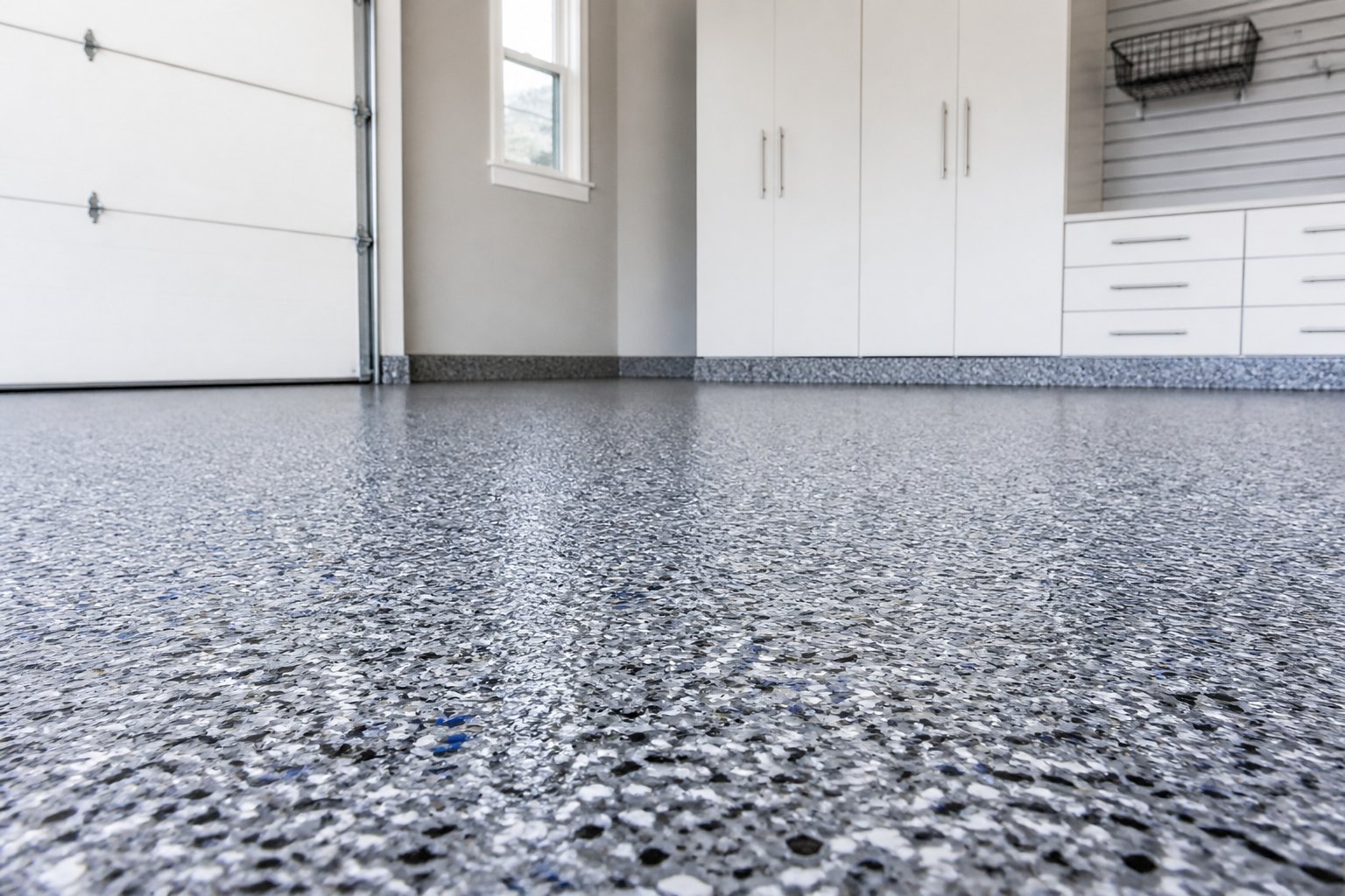 Close view of a gray, white, black, and blue decorative flake garage floor