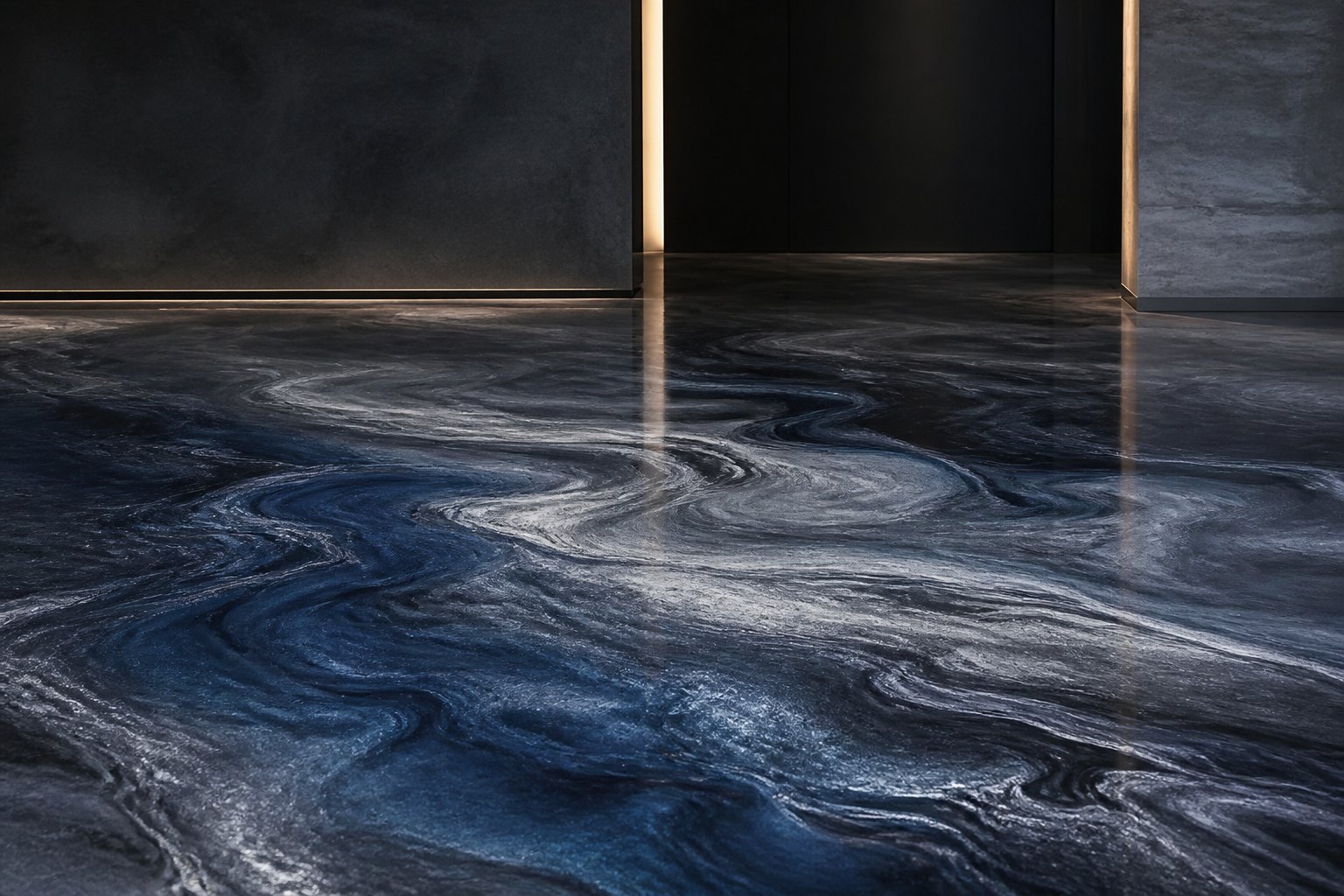 Navy, graphite, and silver marbled metallic epoxy showroom floor