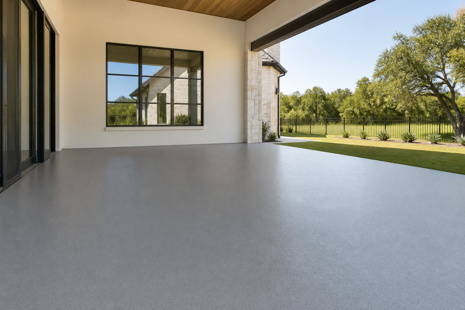 Gray polyaspartic floor coating on a bright covered patio